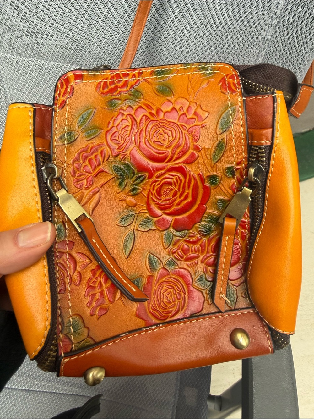Handcrafted Leather Crossbody Bag Red Rose Hand Tooled Floral Embossed Boho Mini
